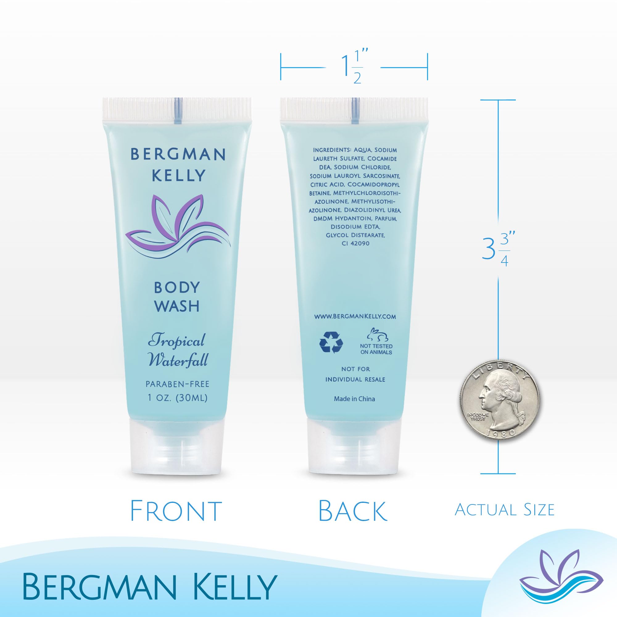 Paquete de 100 geles de ducha Bergman Kelly para hoteles y hospedaje.