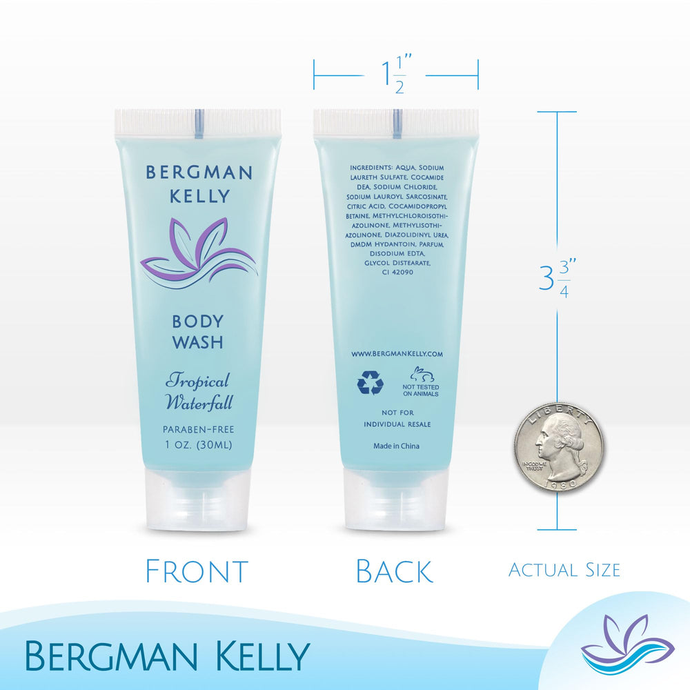 Paquete de 100 geles de ducha Bergman Kelly para hoteles y hospedaje.