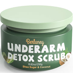 Berlaney armpit detox scrub jar highlights creamy exfoliant for refreshed skin.