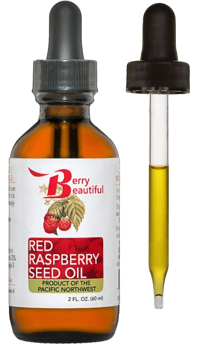 Etiqueta de Berry Beautiful en la botella de aceite de frambuesa para un aspecto premium.