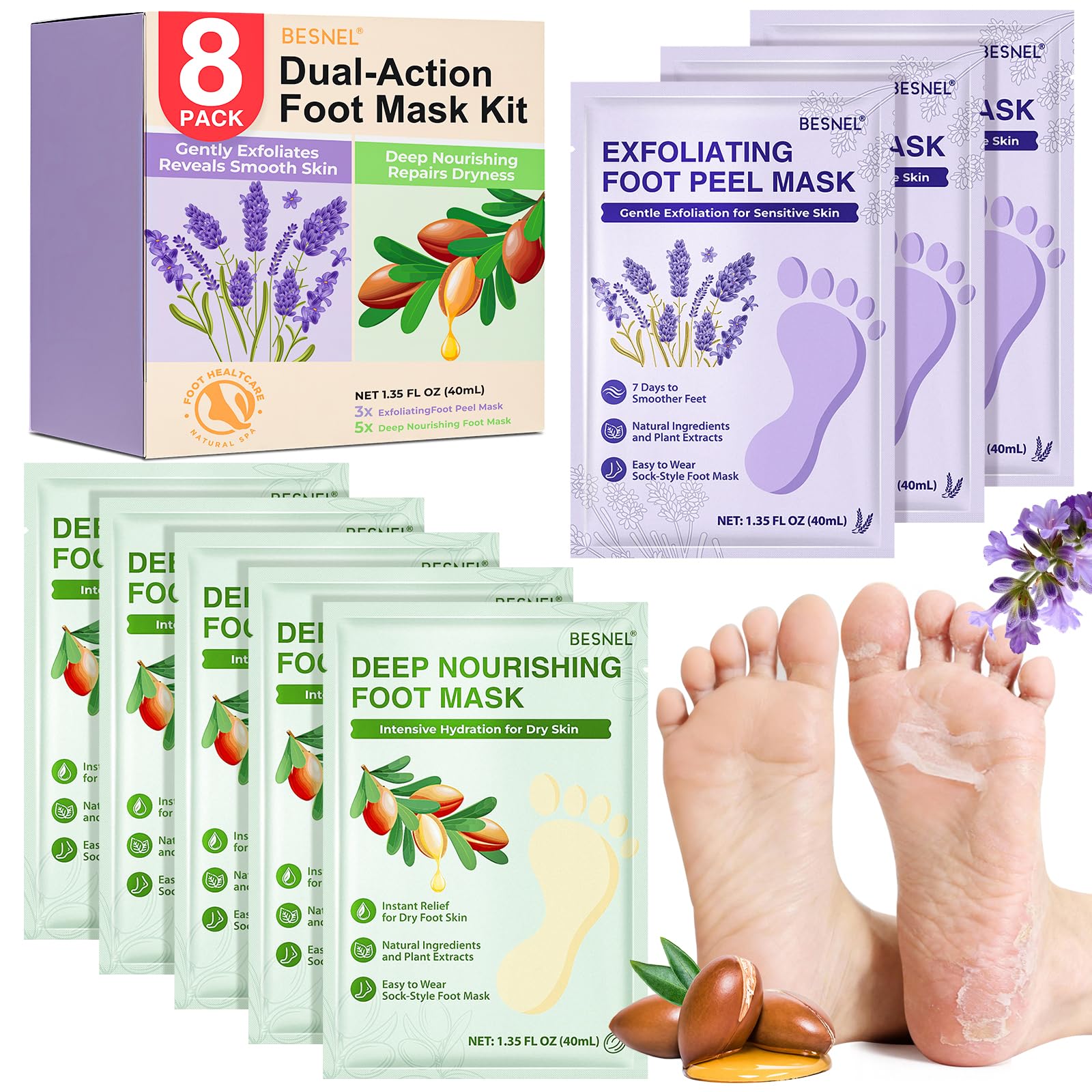 Besnel foot peeling mask in use removes dead skin for smoother feet.