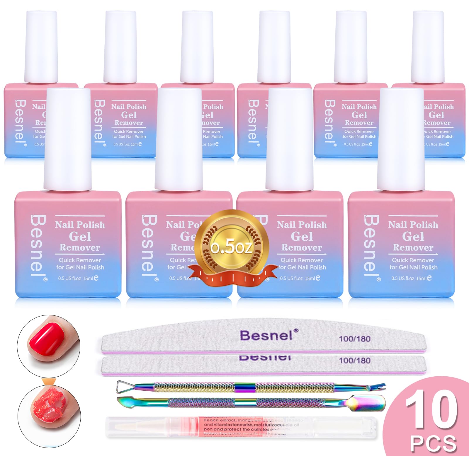 BESNEL quitaesmalte gel 10pack para uso doméstico fácil y rápido.