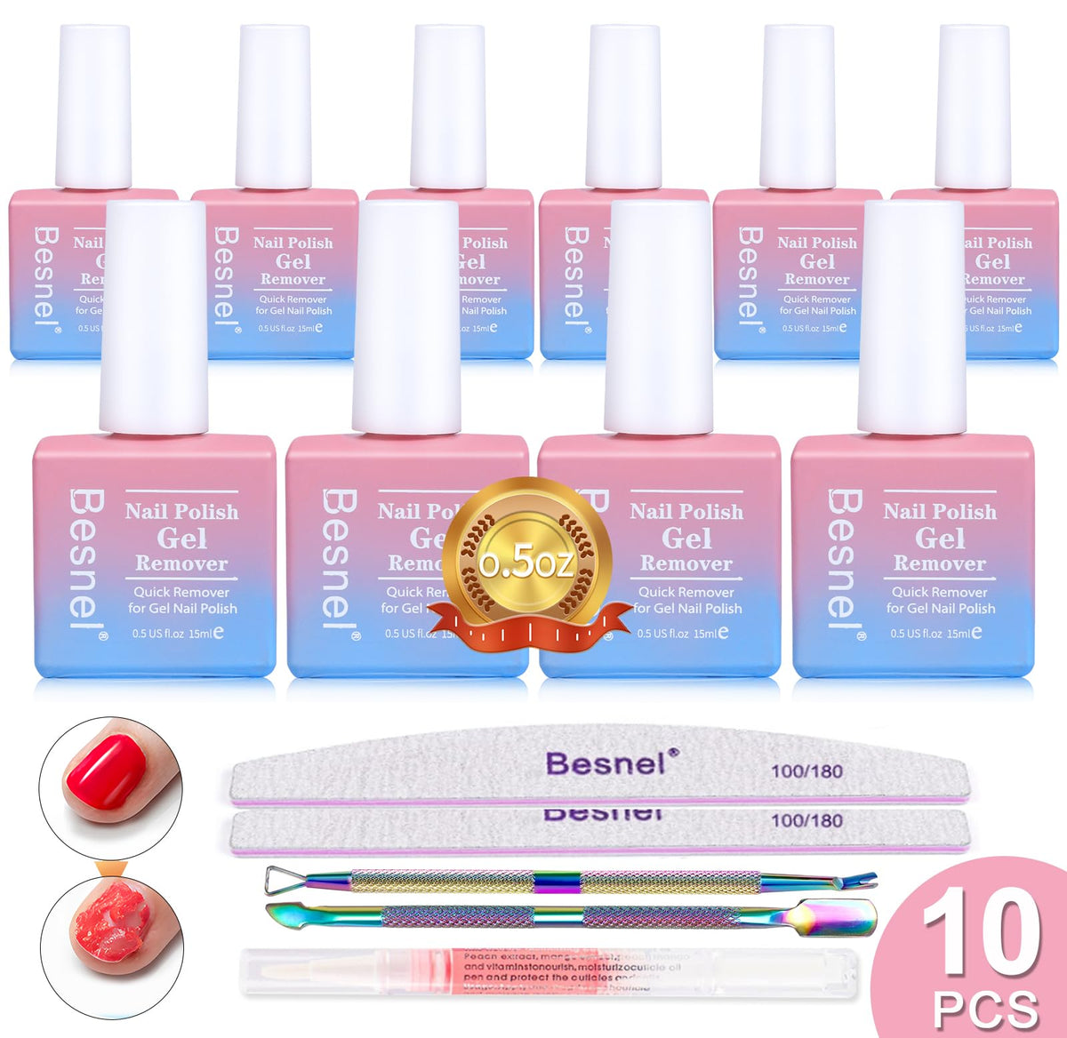 BESNEL quitaesmalte gel 10pack para uso doméstico fácil y rápido.