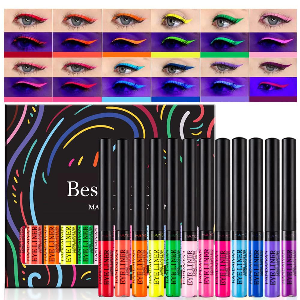 BestLand eyeliner neón mate, 12 colores, brillo UV para looks nocturnos.