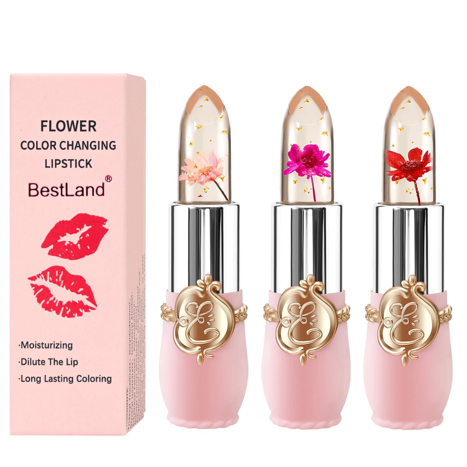 BestLand labial gelatina flor con flor real y destellos dorados para uso diario.