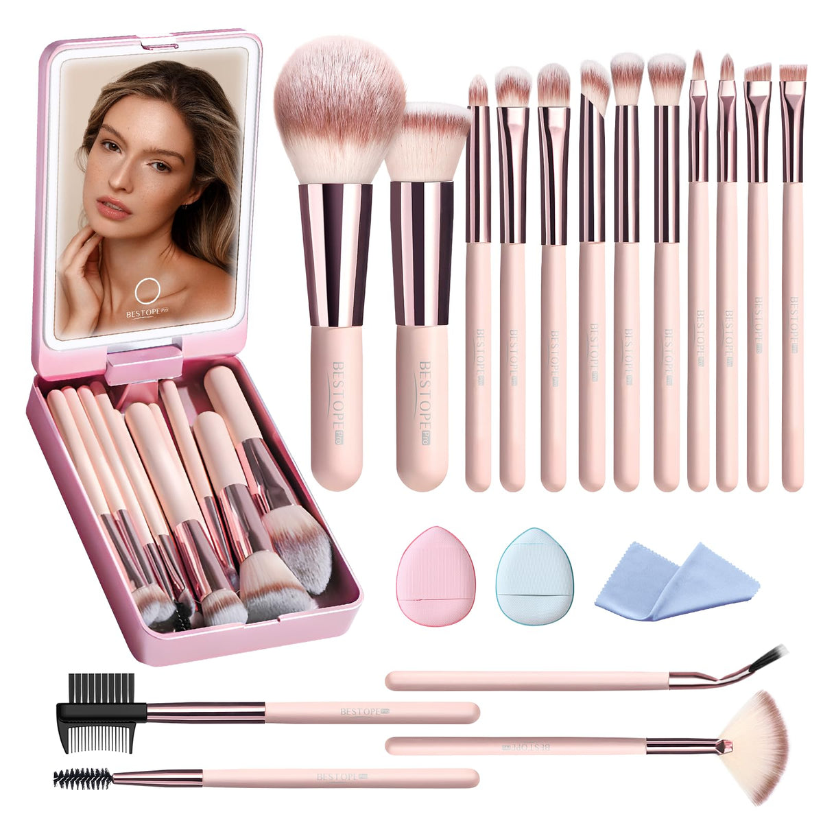 Pinceles BESTOPE PRO en estuche con luz integrada para maquillaje preciso.