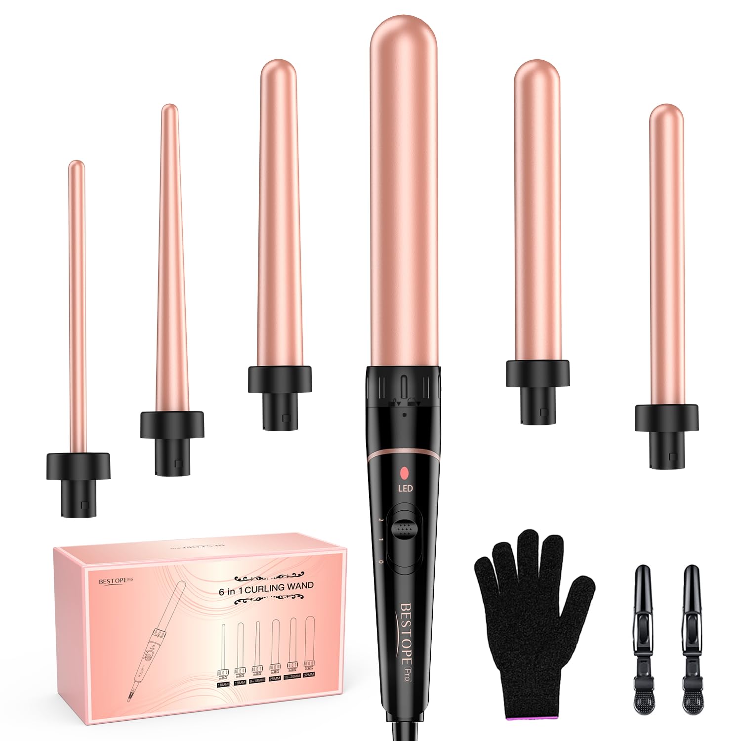BESTOPE PRO set rizadores 6 en 1 con barra larga para estilos versátiles.