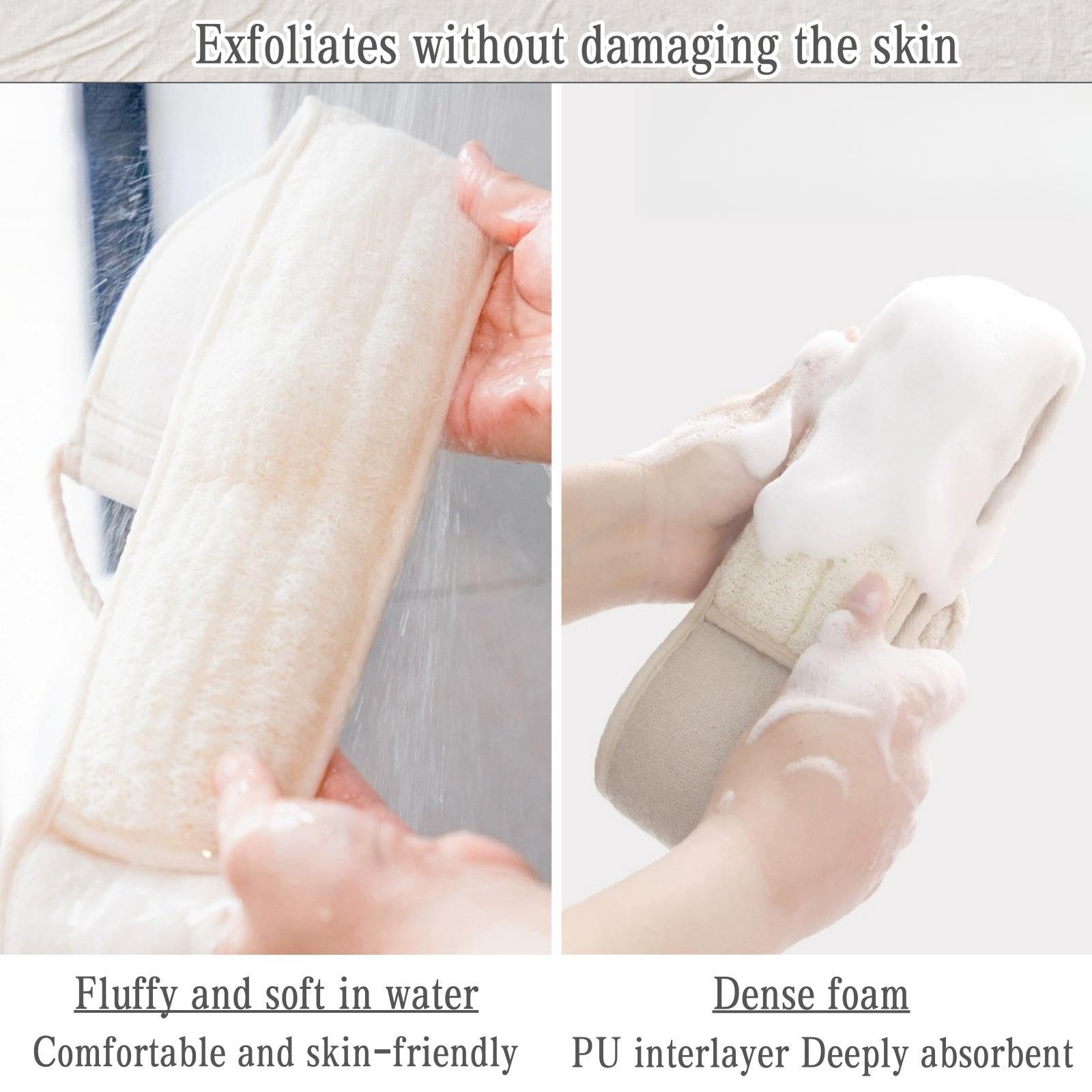 BETLYS esponja luffa en la ducha para lavado profundo y cómodo.