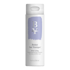 Better Not Younger Shampoing Ligne d’Argent Violet — bouteille lumineuse, neutralise les reflets jaunes.