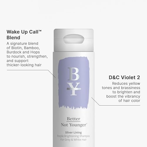 Better Not Younger Shampoing Ligne d’Argent Violet — étiquette soignée, brillance adaptée aux cheveux gris.