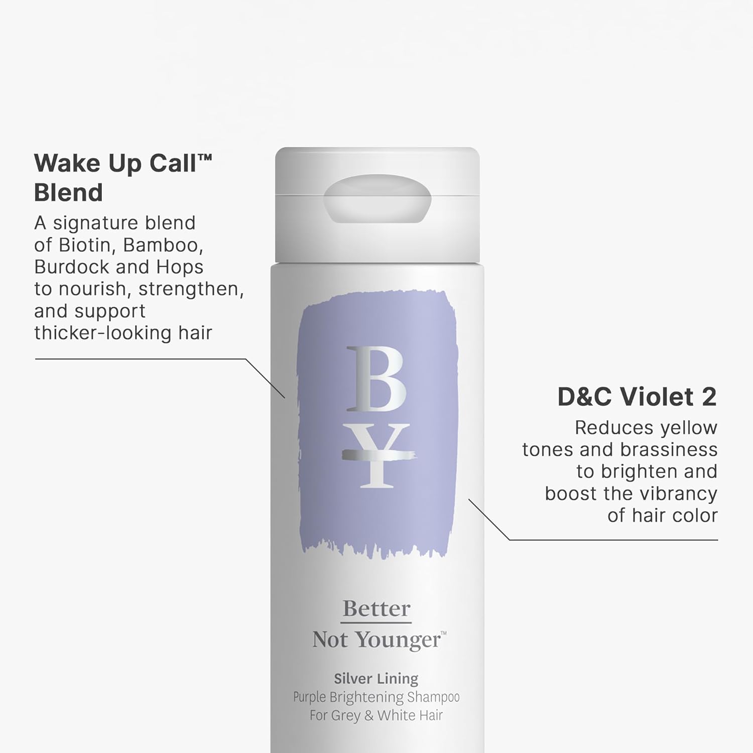 Better Not Younger Shampoing Ligne d’Argent Violet — mousse généreuse, lavage en douceur.