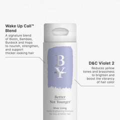 Better Not Younger Shampoing Ligne d’Argent Violet — mousse généreuse, lavage en douceur.
