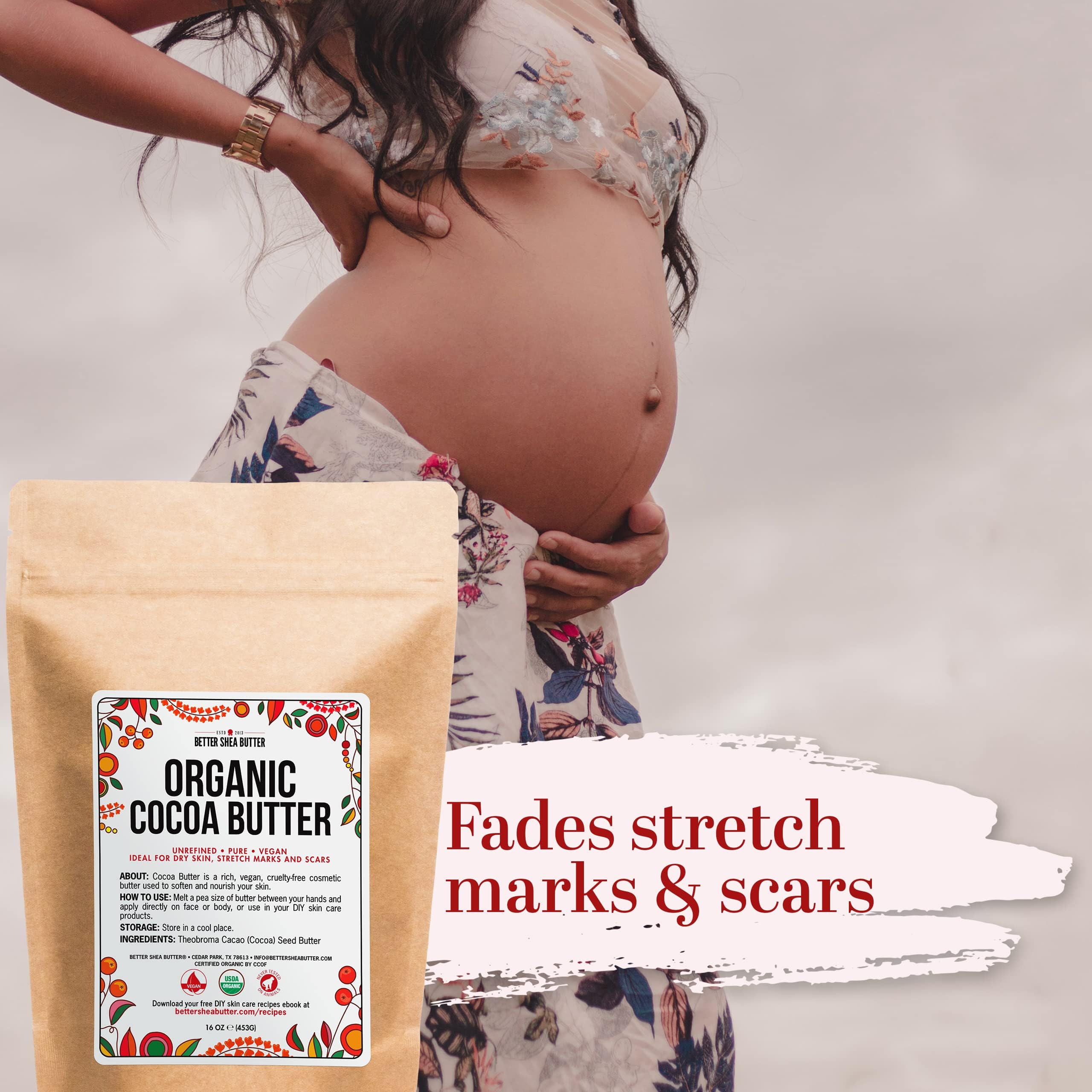 Better Shea Butter envase eco-amigable, manteca cacao cruda para uso externo.
