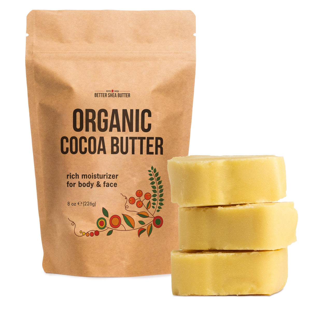 Better Shea Butter manteca cacao cruda 8oz frente, hidratación suave para piel seca.