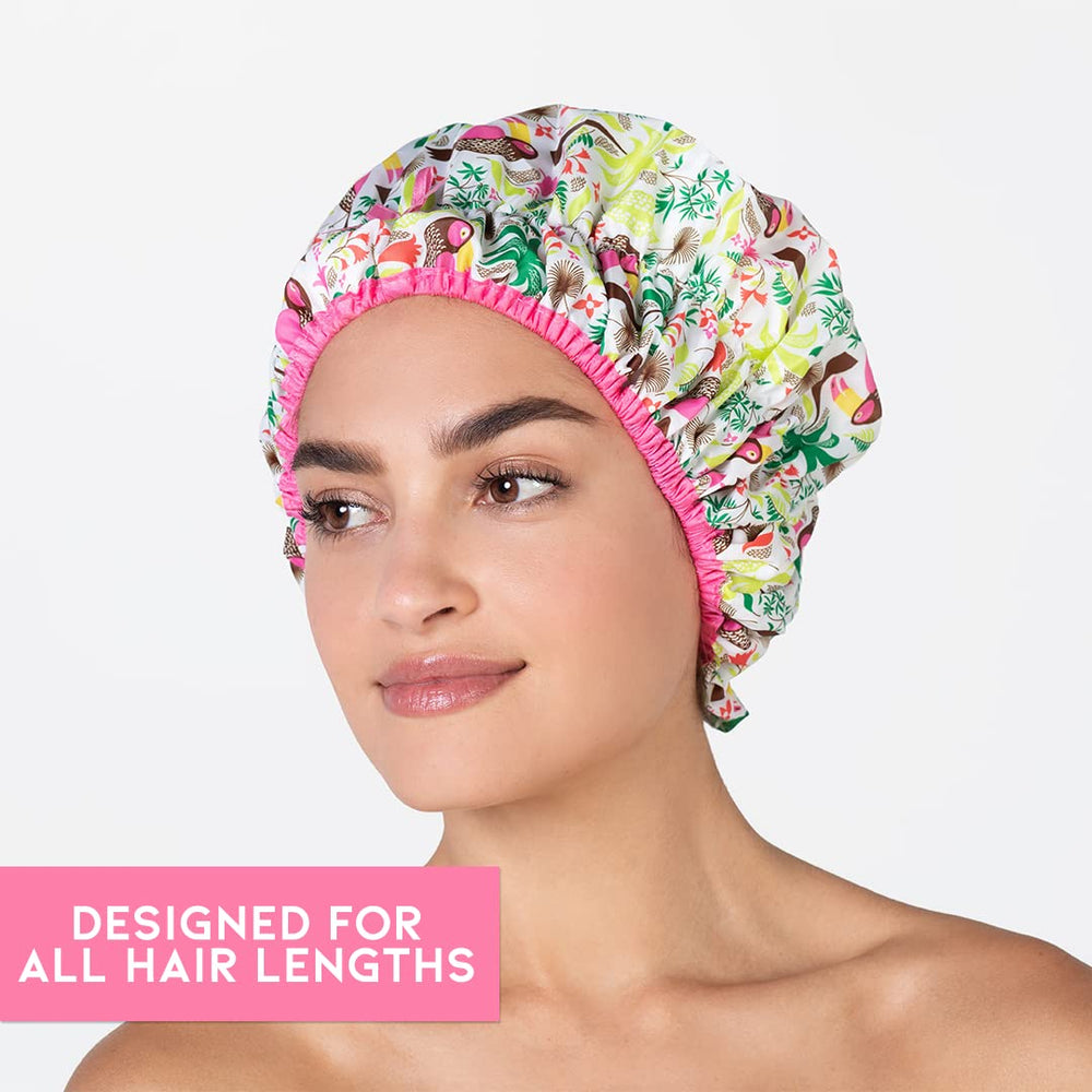 Betty Dain Fashionista Cap Tropical, patrón tropical que inspira estilo en la ducha.