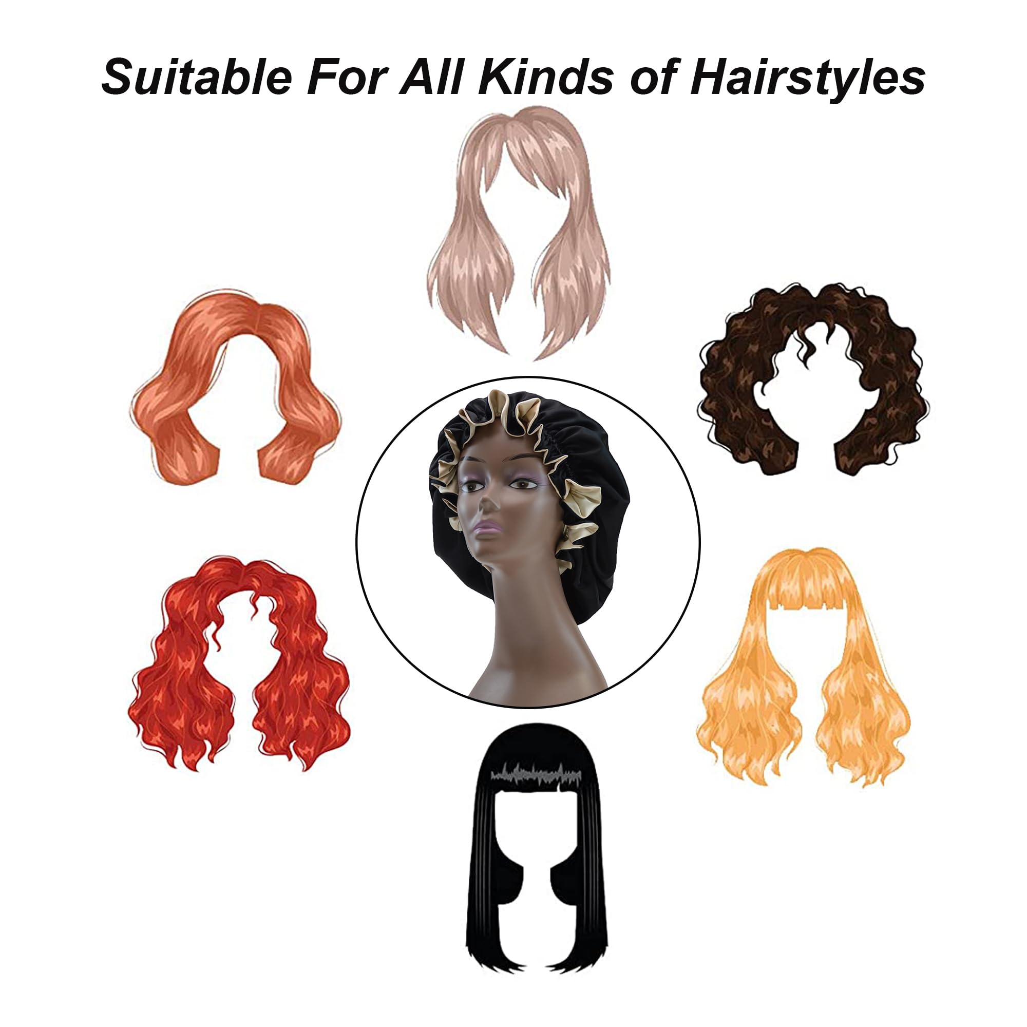Beutyme Bonete de satén negro para cabello largo, mantiene el peinado y reduce frizz.