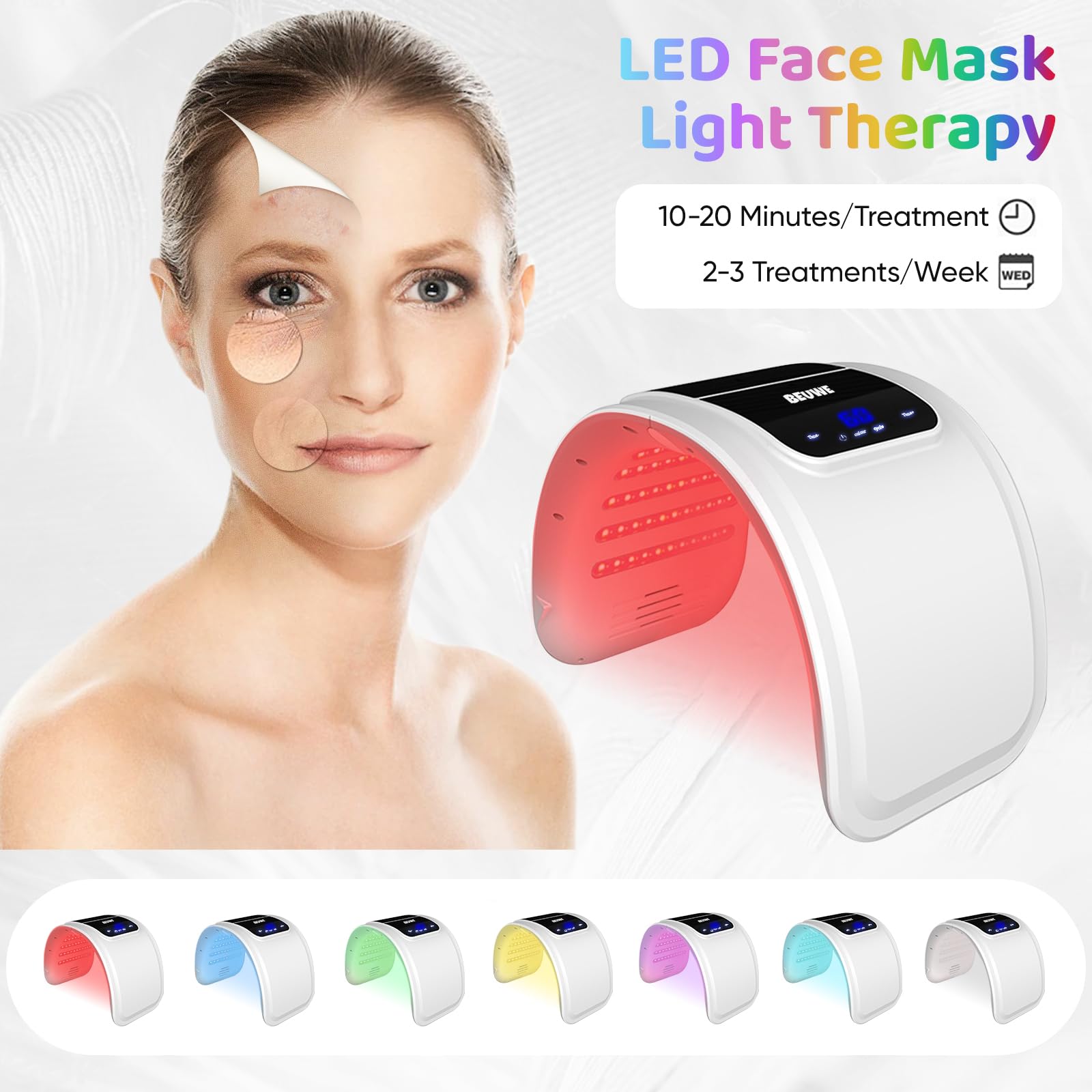 Beuwe máscara de luz facial blanca para limpieza suave y cuidado diario.