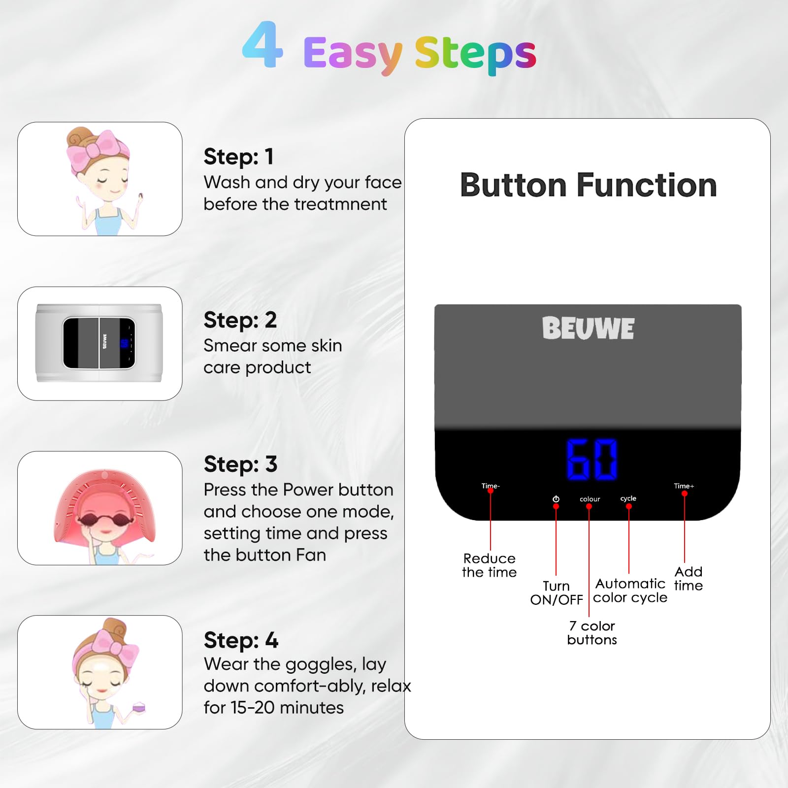 Beuwe máscara de luz facial cian para equilibrio y bienestar diario.
