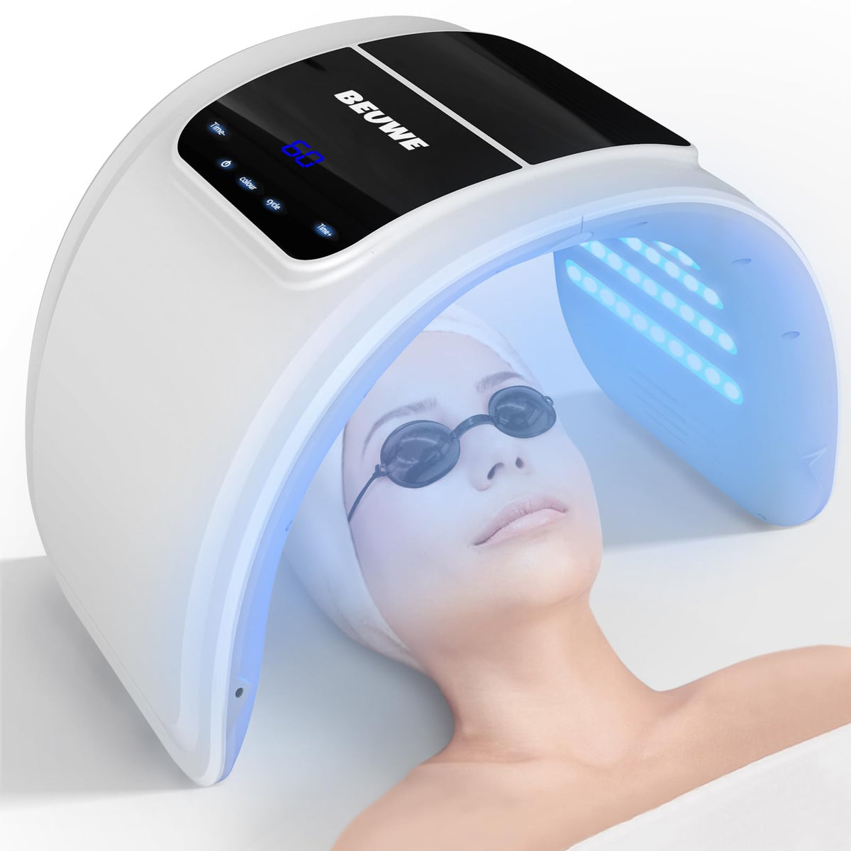 Beuwe máscara de luz facial roja para relajación y cuidado nocturno.