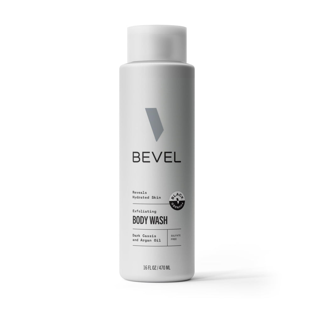 Bevel dark cassis exfoliating body wash bottle offering gentle cleanse with hydration for sensitive skin.
