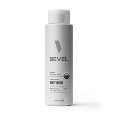 Bevel dark cassis exfoliating body wash bottle offering gentle cleanse with hydration for sensitive skin.