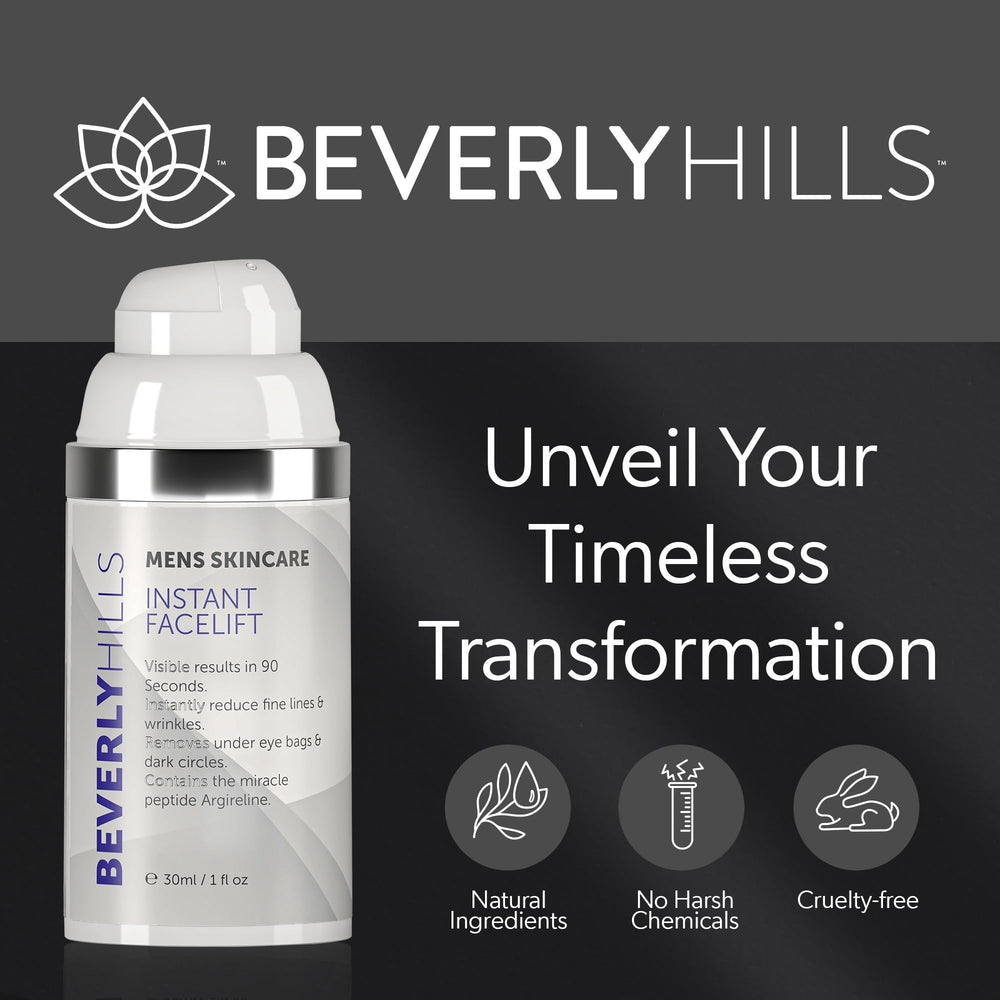 Beverly Hills Men empaque premium, diseño elegante para cuidado masculino.