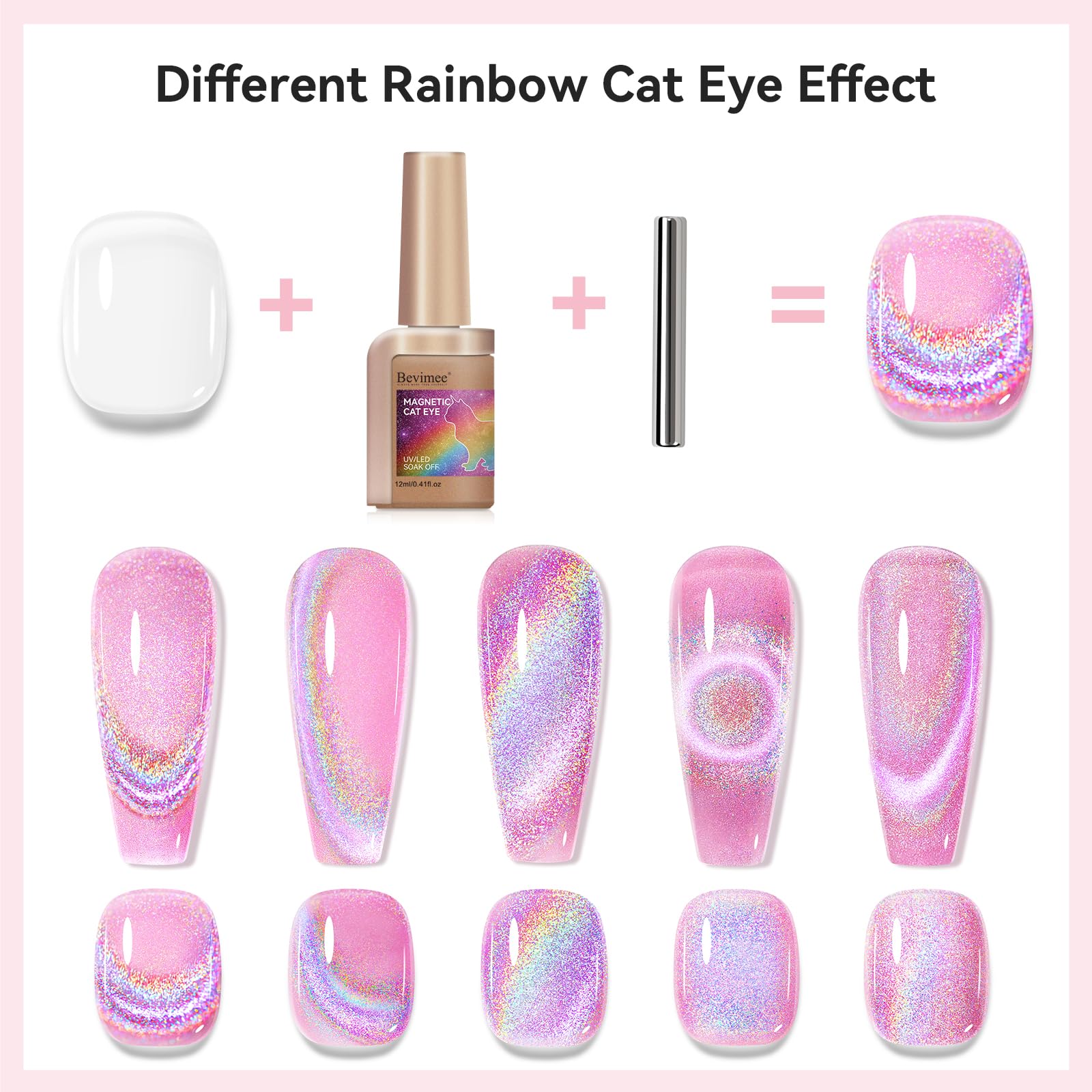 Bevimee gel con acabado brillante iridiscente para uñas llamativas.