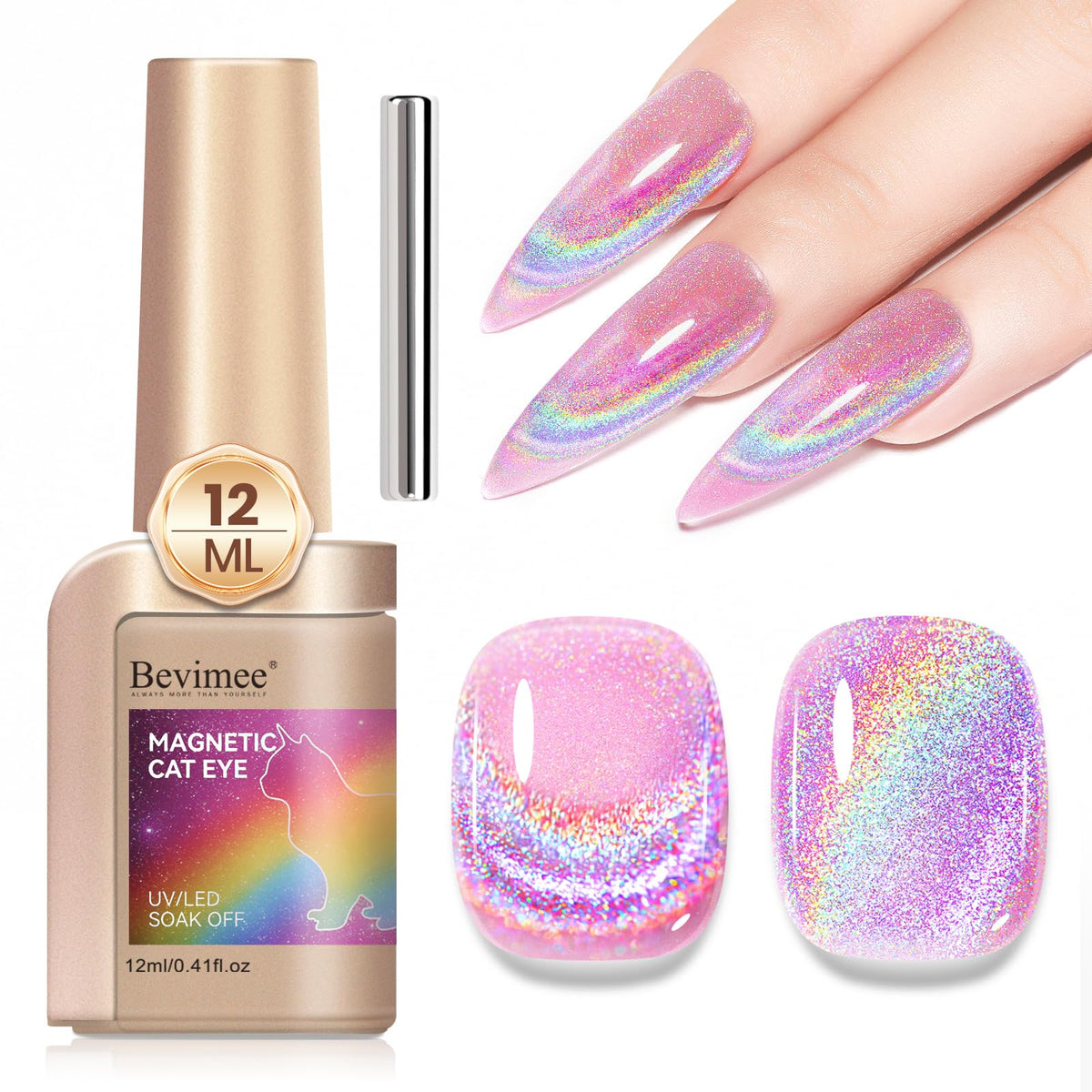Bevimee Cat Eye Gel Rosa con glitter, efecto holográfico para uñas deslumbrantes.