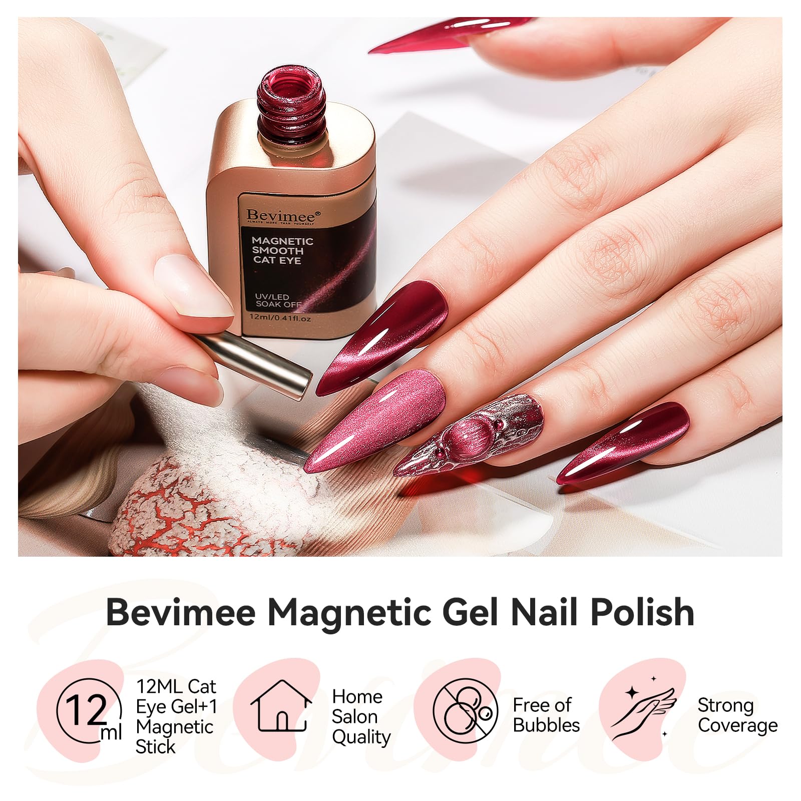 Bevimee gel Cat Eye, textura holográfica vino para manicura elegante.