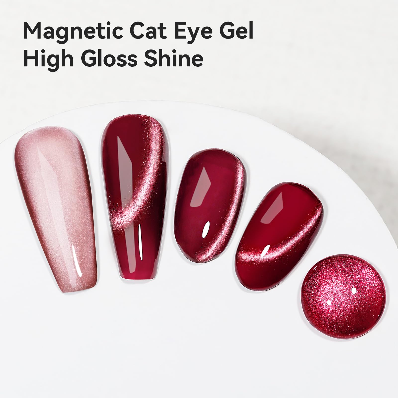 Bevimee Cat Eye Luna, primer plano con acabado luna y brillo espejo.