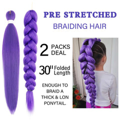 Beyond Beauty long purple braiding hair on model showcasing vibrant color and movement.