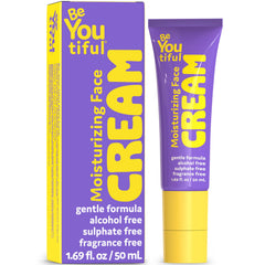 BeYoutiful crema facial en frasco, hidratación suave para piel sensible.
