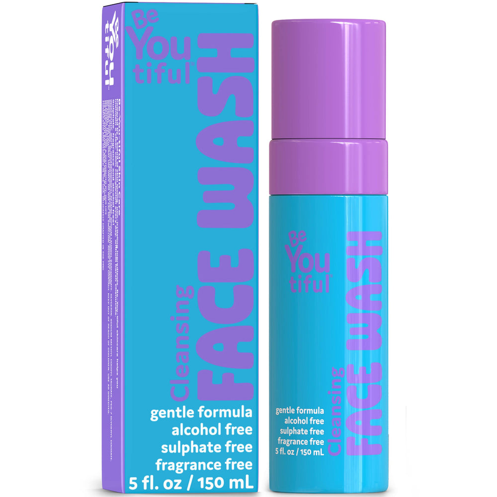 BeYoutiful limpiador facial en envase, limpieza suave para poros jóvenes.