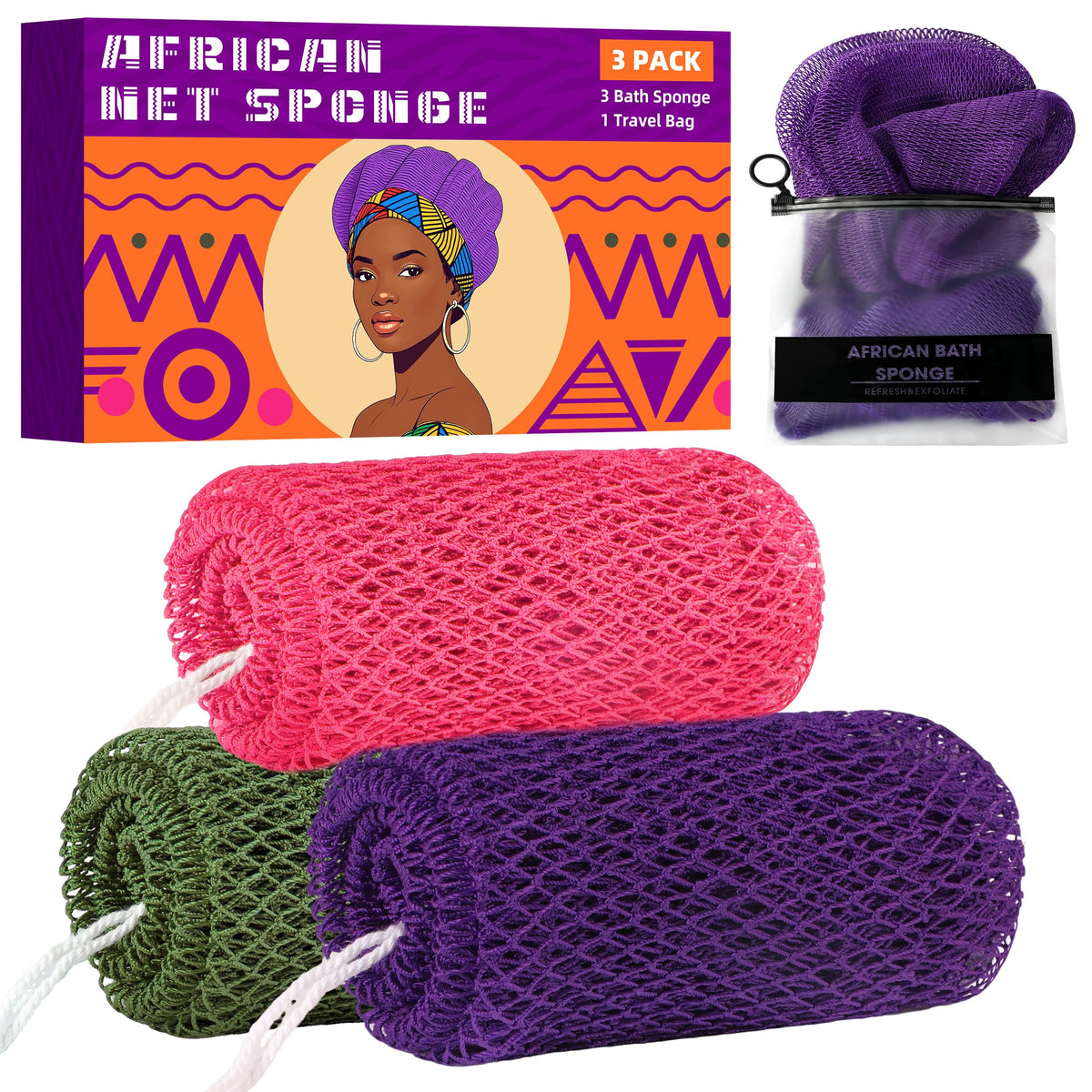 BHYTAKI esponja de red africana morada para exfoliación suave y profunda.