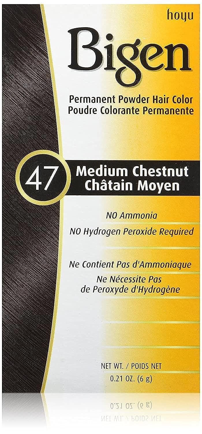 Bigen pigmento en polvo para cabello 47 castaño medio, frasco listo para uso facil.