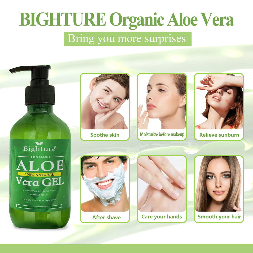 Gel de Aloe Vera BIGHTURE, alivio suave para quemaduras solares superficiales.