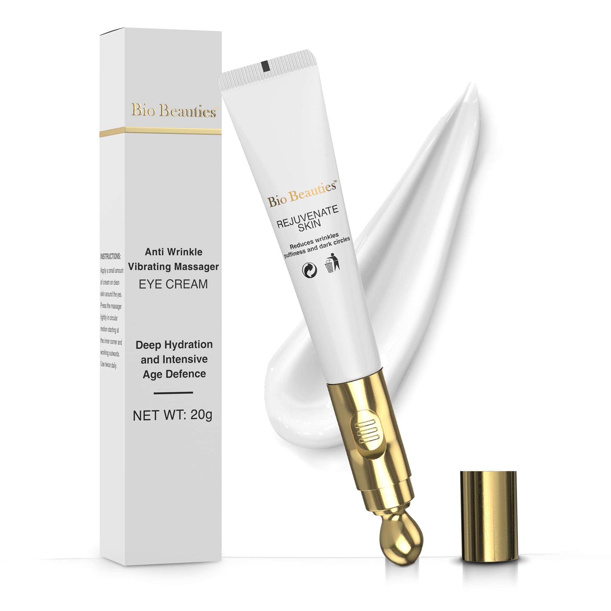 Bio Beauties crema ojos masaje eléctrico mejora absorción y deshincha la hinchazón.