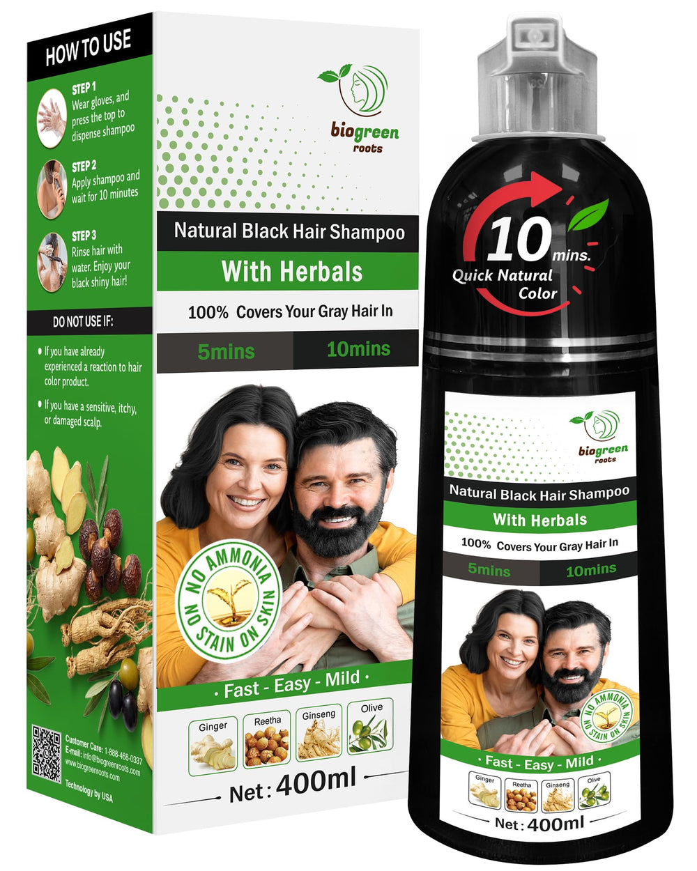 BIOGREEN ROOTS Champú Herbal sin amoniaco, cabello suave y nutrido sin irritación.