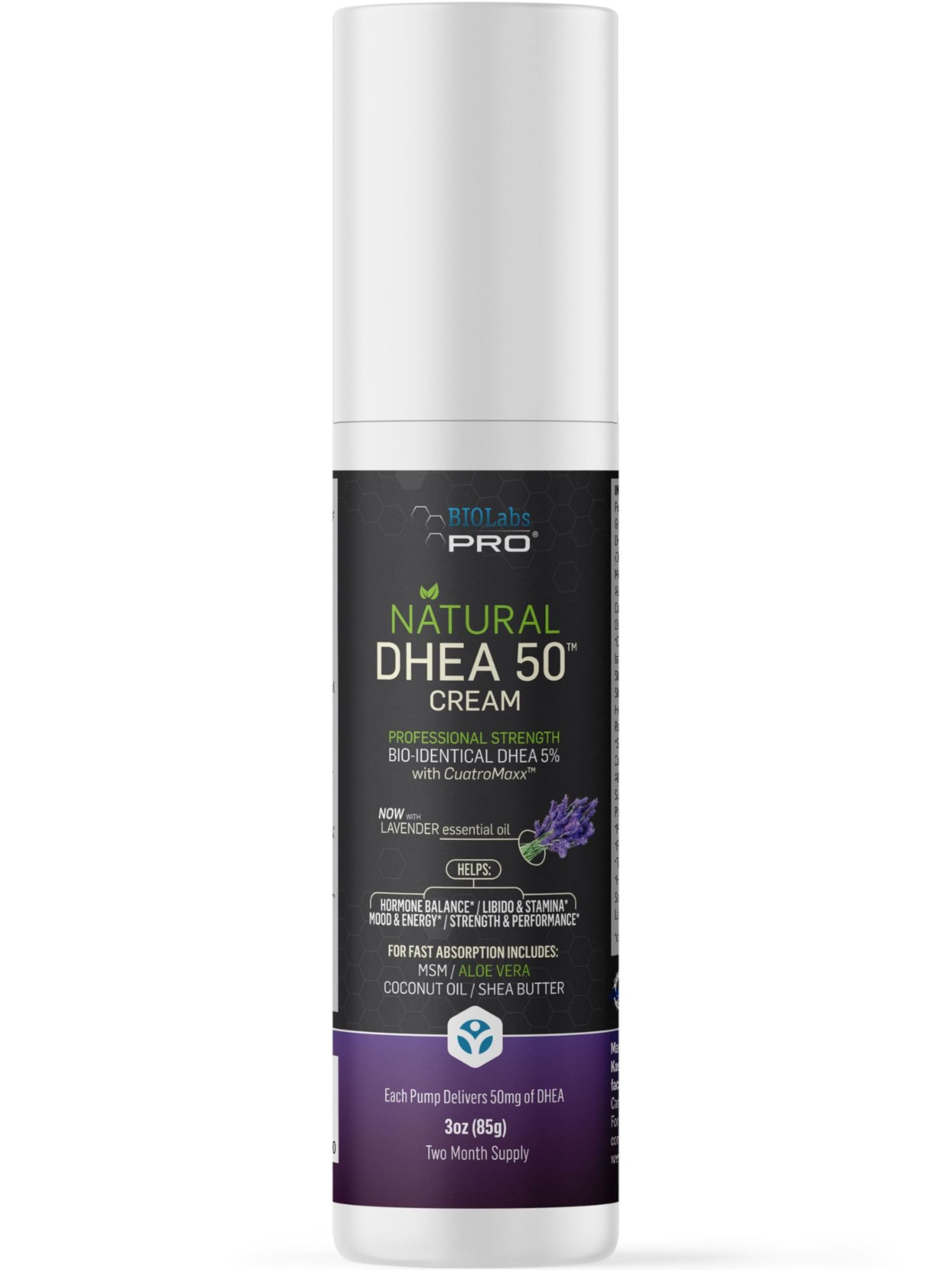 Biolabs Pro DHEA crema, botella de 3 oz para uso diario.