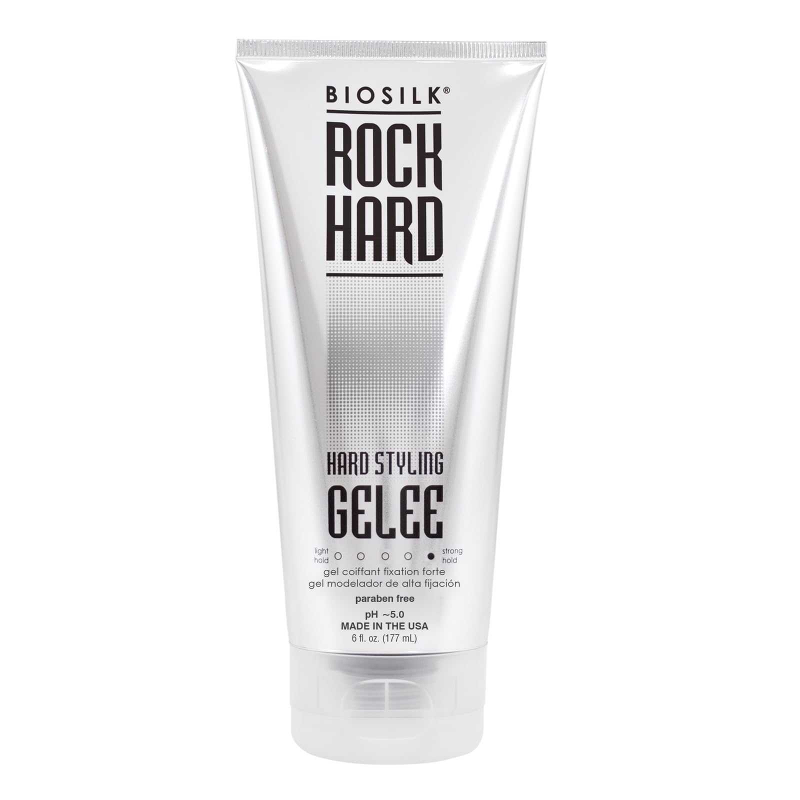 BioSilk Rock Hard Gel aplicado en cabello mojado para peinado duradero.