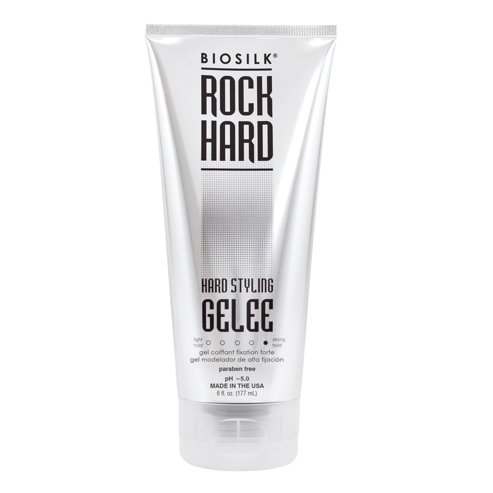 BioSilk Rock Hard Gel aplicado en cabello mojado para peinado duradero.
