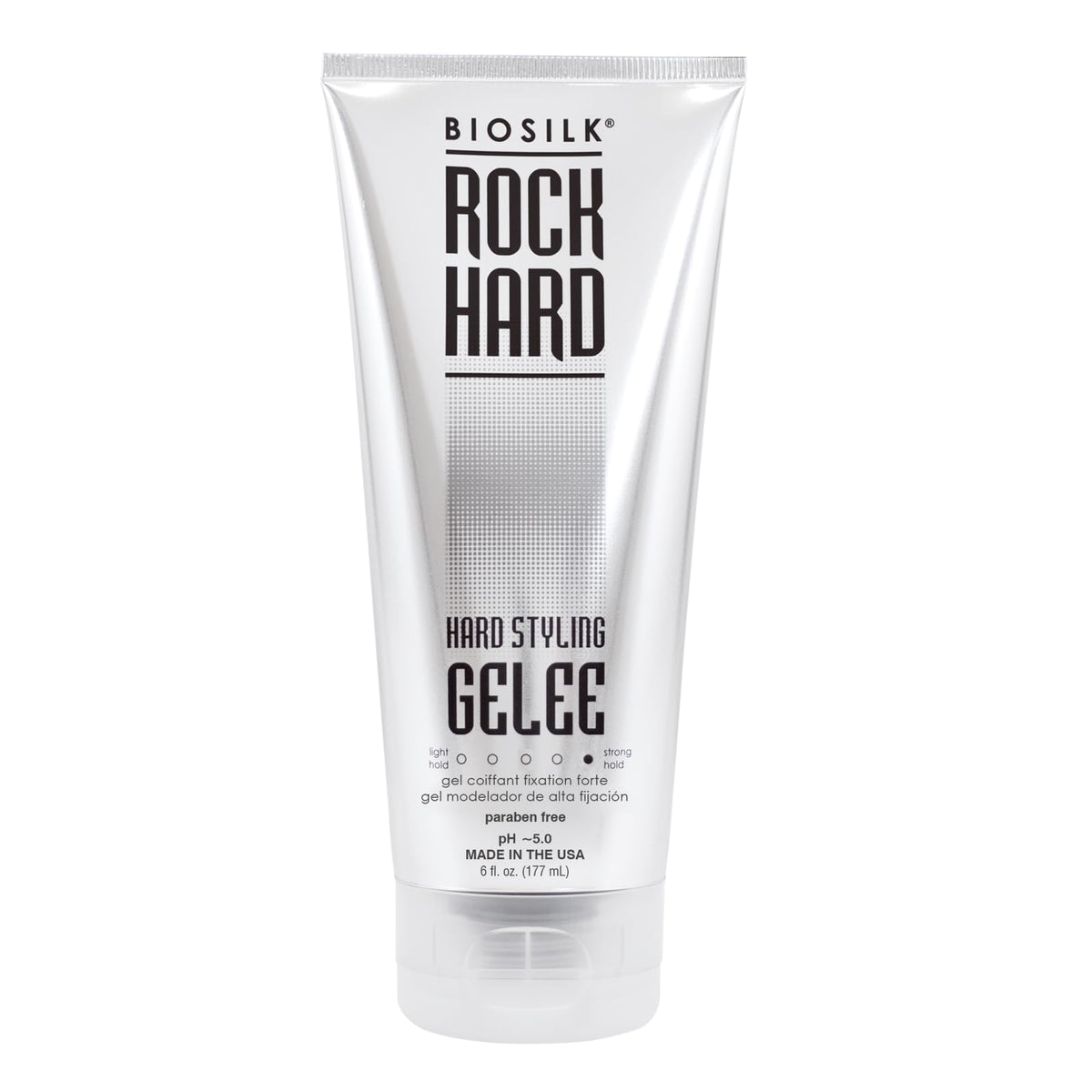 BioSilk Rock Hard Gel aplicado en cabello mojado para peinado duradero.