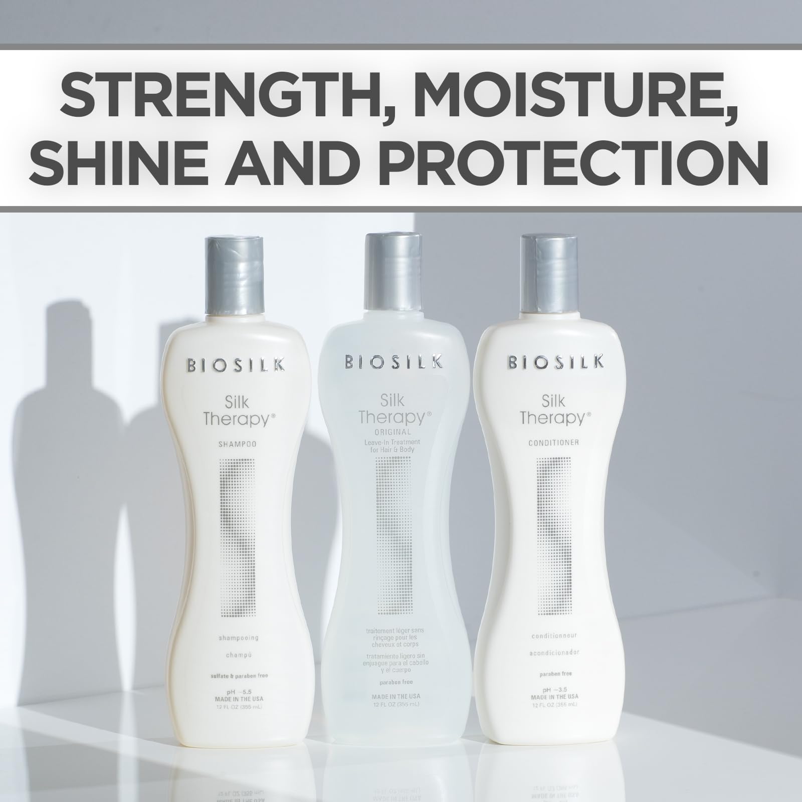 Acondicionador BioSilk con terapia de seda en botella, acondiciona sin pesadez.