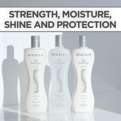 Acondicionador BioSilk con terapia de seda en botella, acondiciona sin pesadez.