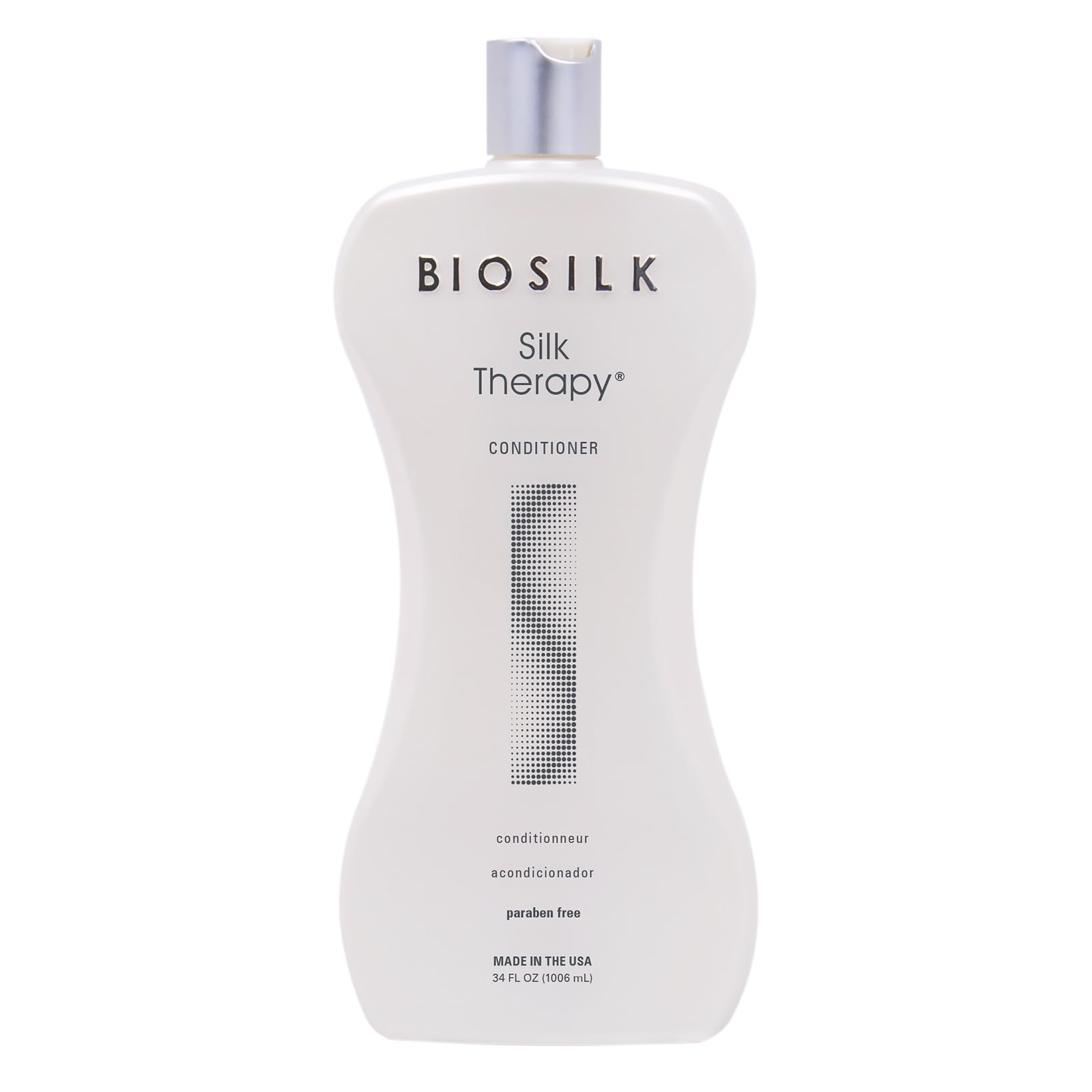 BioSilk Silk Therapy Après-Shampooing – bouteille montrant brillance et hydratation durable.