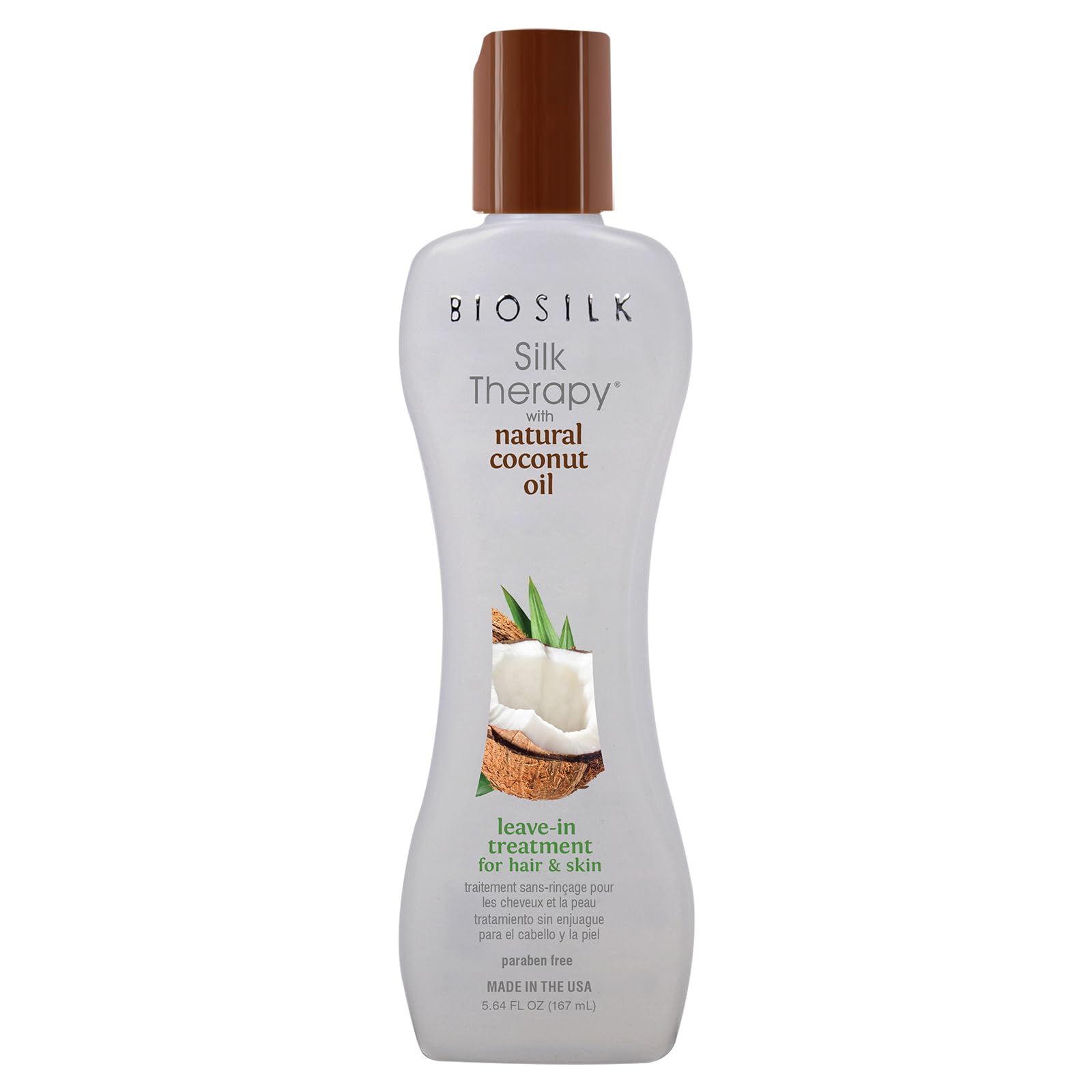 BioSilk Terapia de Seda: botella frontal, cabello suave y brillante.