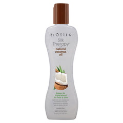 BioSilk Terapia de Seda: botella frontal, cabello suave y brillante.