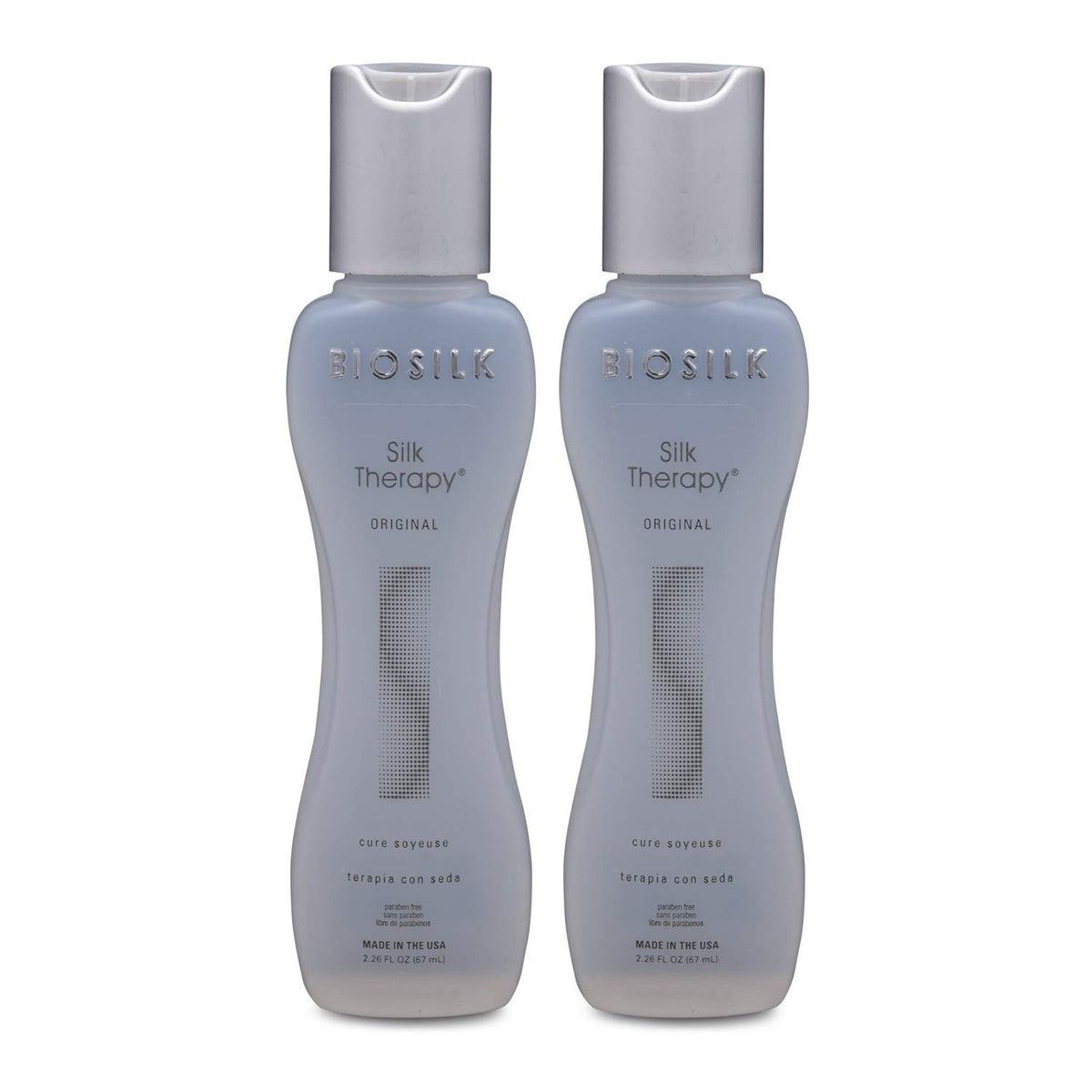 BioSilk Silk Therapy Cure, botella, cuidado sin enjuague para cabello suave y manejable.