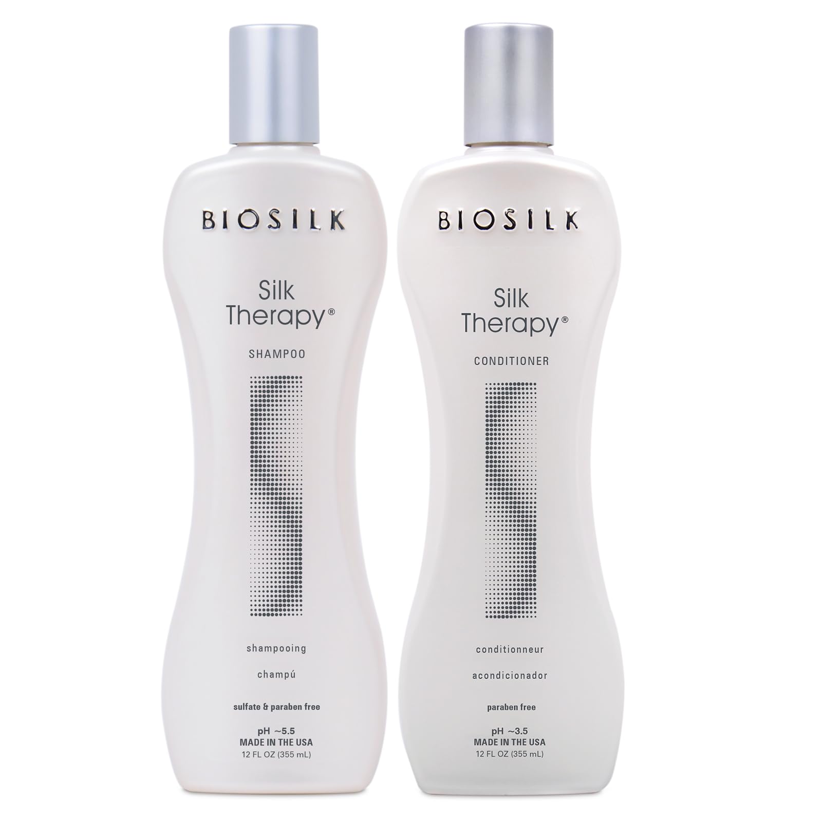 BioSilk Silk Therapy Duo champú en botella, limpieza suave y brillo visible.