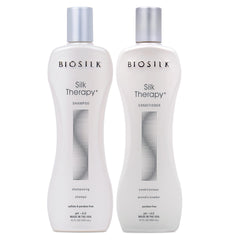 BioSilk Silk Therapy Duo champú en botella, limpieza suave y brillo visible.